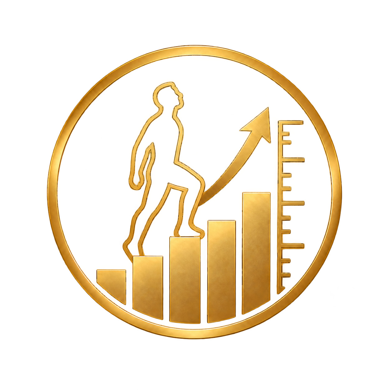 Lucas’s logo: a gold figure climbing steps beside an upward arrow and height scale.