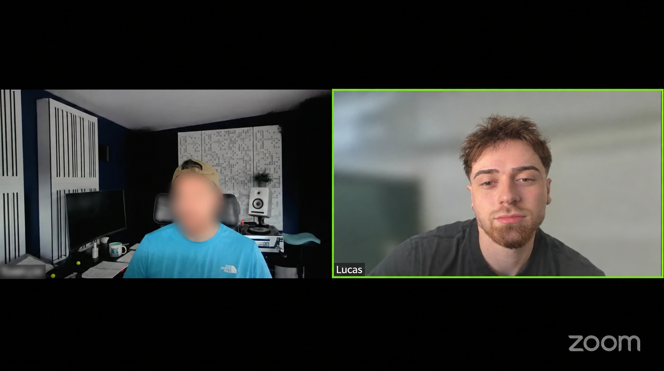 AI-edited video-call illustration with Lucas on the right and the other participant’s face and name blurred on the left.